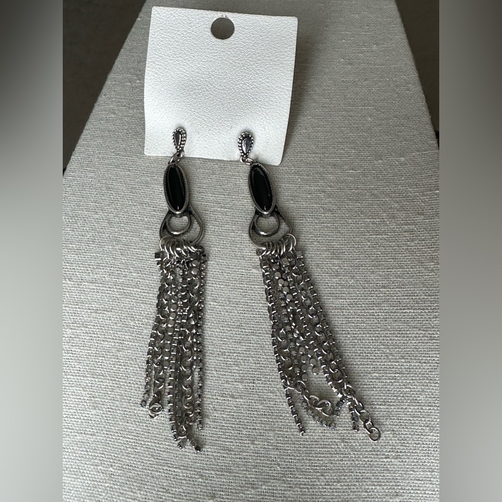 Free People - Silver Tassel Drop Earrings with Black Accent - NWOT